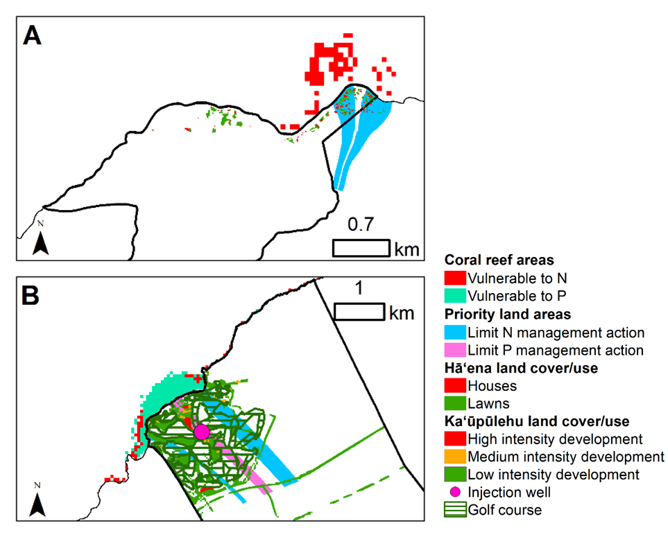 Coral reef areas vulnerable to land-based nutrients and priority land areas at Hā‘ena and Ka‘ūpūlehu