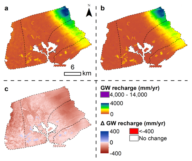 Groundwater recharge under baseline land-cover and (a) baseline and (b) RCP 8.5 mid-century rainfall