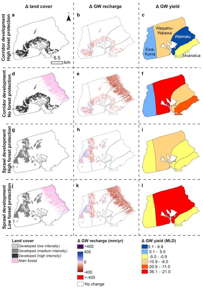 Change in land-cover, groundwater recharge (mm/yr), and resulting optimized sustainable yield estimates displayed by withdrawal rates per well (MLD)