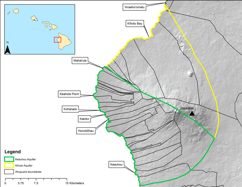 Figure 2: Map of study area, including ahupuaʻa in the Kīholo and Keauhou aquifers. Map designed by Gina McGuire, UH Mānoa, Geography and Environment.