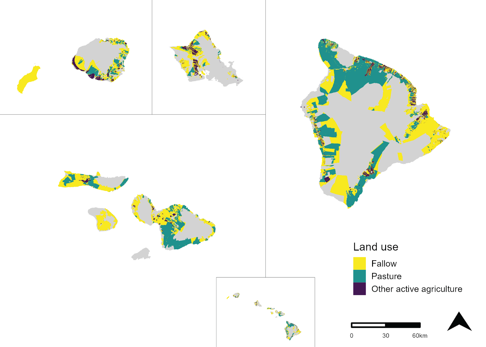 Maps showing active and fallow agricultural lands in the state of Hawaii