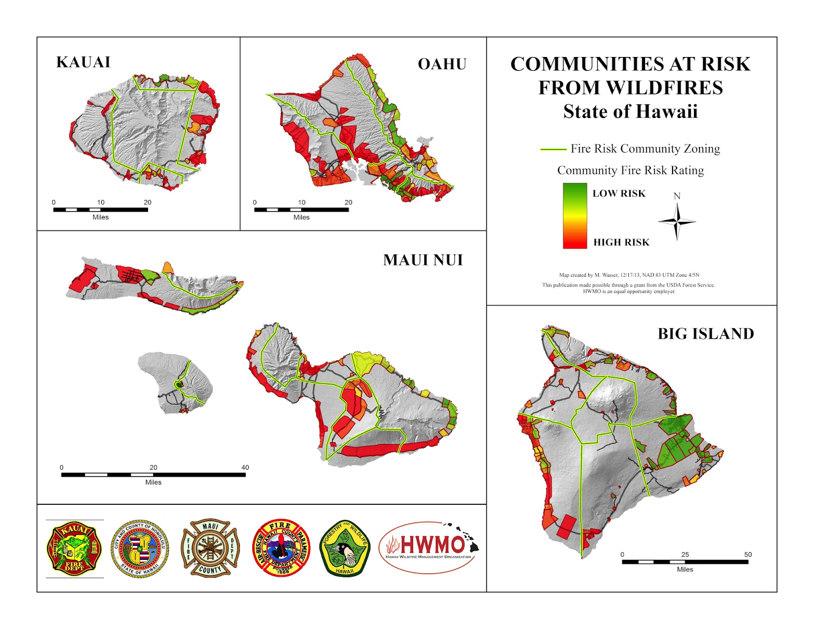 Maps showing communities at risk of wildfires across the state of Hawaii